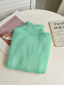 Franclia European & American Autumn/Winter Fashion All-Match Versatile High Neck Thick Fleece-Lined Slim Fit Long Sleeve Knit Base Layer - Mint Blue - View 6