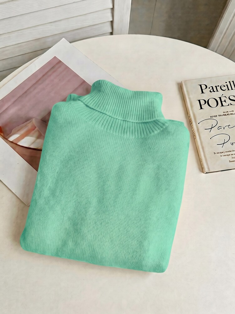 Franclia European & American Autumn/Winter Fashion All-Match Versatile High Neck Thick Fleece-Lined Slim Fit Long Sleeve Knit Base Layer - Mint Blue - View 6