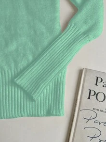 Franclia European & American Autumn/Winter Fashion All-Match Versatile High Neck Thick Fleece-Lined Slim Fit Long Sleeve Knit Base Layer - Mint Blue - View 7