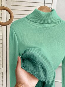 Franclia European & American Autumn/Winter Fashion All-Match Versatile High Neck Thick Fleece-Lined Slim Fit Long Sleeve Knit Base Layer - Mint Blue - View 5