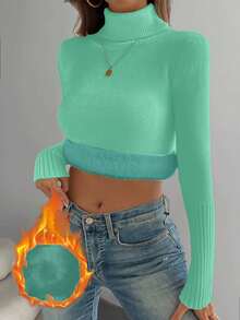 Franclia European & American Autumn/Winter Fashion All-Match Versatile High Neck Thick Fleece-Lined Slim Fit Long Sleeve Knit Base Layer - Mint Blue - View 3
