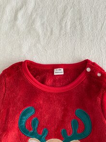 SHEIN Playful Pals 2pcs Infant Boys Fleece Romper Jumpsuit Cute Red Reindeer Fuzzy Plush Patch Long Sleeve Round Neck Thick Christmas Party Winter Fall Holiday Rib Snap - Red - View 6