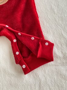 SHEIN Playful Pals 2pcs Infant Boys Fleece Romper Jumpsuit Cute Red Reindeer Fuzzy Plush Patch Long Sleeve Round Neck Thick Christmas Party Winter Fall Holiday Rib Snap - Red - View 8