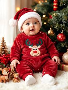 SHEIN Playful Pals 2pcs Infant Boys Fleece Romper Jumpsuit Cute Red Reindeer Fuzzy Plush Patch Long Sleeve Round Neck Thick Christmas Party Winter Fall Holiday Rib Snap - Red - View 1