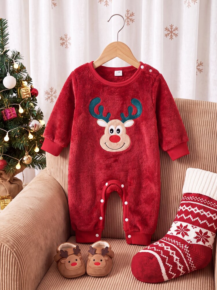 SHEIN Playful Pals 2件組男嬰抓絨連身衣 可愛紅色馴鹿毛絨貼布 長袖圓領 加厚聖誕派對冬季秋季假期羅紋按扣連身褲 - 紅色 - 查看 3