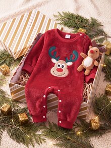 SHEIN Playful Pals 2pcs Infant Boys Fleece Romper Jumpsuit Cute Red Reindeer Fuzzy Plush Patch Long Sleeve Round Neck Thick Christmas Party Winter Fall Holiday Rib Snap - Red - View 4