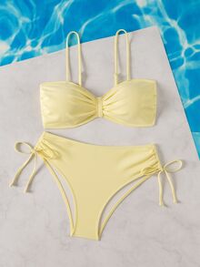 Swim Lushoire Women Solid Color Spaghetti Strap Bikini Set, Front Twist Detail High Cut High Waist Two Pieces Swimwear For Beach Vacation - Light Yellow - View 3