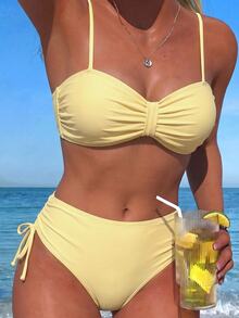 Swim Lushoire Women Solid Color Spaghetti Strap Bikini Set, Front Twist Detail High Cut High Waist Two Pieces Swimwear For Beach Vacation - Light Yellow - View 1