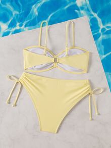Swim Lushoire Women Solid Color Spaghetti Strap Bikini Set, Front Twist Detail High Cut High Waist Two Pieces Swimwear For Beach Vacation - Light Yellow - View 2