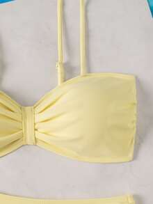 Swim Lushoire Women Solid Color Spaghetti Strap Bikini Set, Front Twist Detail High Cut High Waist Two Pieces Swimwear For Beach Vacation - Light Yellow - View 6