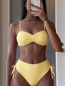 Swim Lushoire Women Solid Color Spaghetti Strap Bikini Set, Front Twist Detail High Cut High Waist Two Pieces Swimwear For Beach Vacation - Light Yellow - View 4