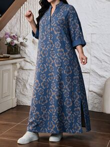 Lacomfia Plus Allover Print Notched Neckline Dress - Multicolor - View 8