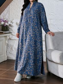 Lacomfia Plus Allover Print Notched Neckline Dress - Multicolor - View 6