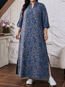 Lacomfia Plus Allover Print Notched Neckline Dress - Multicolor - View 7