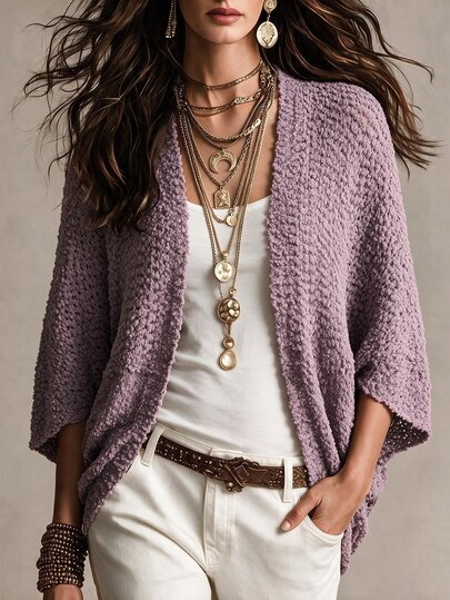 Omancia Cardigan casual versátil de unicolor para mujer, uso diario, brunch, malva empolvado, otoño