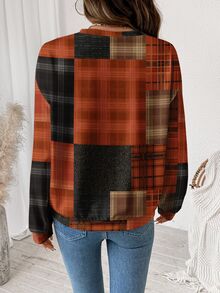 SHEIN LUNE 女款格紋南瓜臉萬聖節圖案運動衫，適合秋冬穿著 - 白色 - 查看 5