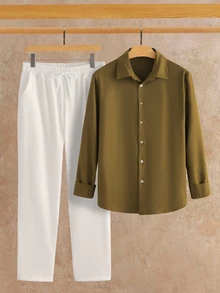 HIMLAND Men's Solid Color Minimalist Casual Long Sleeve Top And Pants Set - Multicolor - View 4
