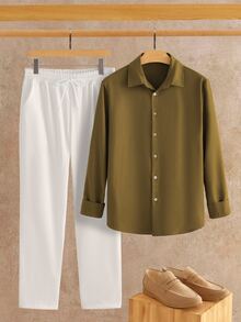 HIMLAND Men's Solid Color Minimalist Casual Long Sleeve Top And Pants Set - Multicolor - View 1