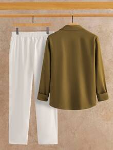 HIMLAND Men's Solid Color Minimalist Casual Long Sleeve Top And Pants Set - Multicolor - View 2