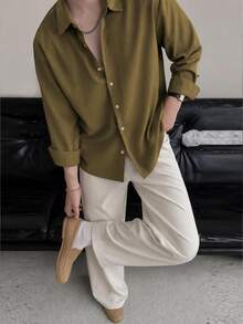 HIMLAND Men's Solid Color Minimalist Casual Long Sleeve Top And Pants Set - Multicolor - View 9
