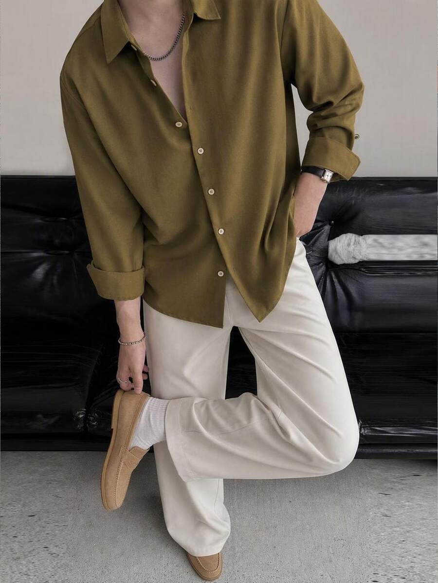 HIMLAND Men's Solid Color Minimalist Casual Long Sleeve Top And Pants Set - Multicolor - View 1