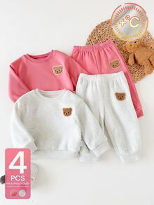 Souflis Souflis 4件組幼女套裝，可愛甜美粉白熊貼布，毛絨羅紋長袖圓領加厚套頭衫與長褲，適合生日派對、冬季與秋季穿著 - 彩色 - 查看 3