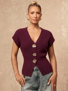 Lumalex Chaleco de punto acanalado color borgoña de otoño con cuello en ...