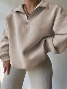 INAWLY Plus Size Loose Fit Solid Color Drop Shoulder Casual Sweatshirt, Autumn/Winter Graduation, Teachers For Women, Back To School Pullover Fall - Apricot - View 1