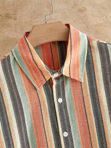 HIMLAND 2pcs/Set Men's Casual Vertical Striped Regular Shoulder Curved Hem Shirt Set - Multicolor - View 3