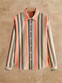HIMLAND 2pcs/Set Men's Casual Vertical Striped Regular Shoulder Curved Hem Shirt Set - Multicolor - View 6