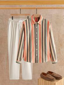 HIMLAND 2pcs/Set Men's Casual Vertical Striped Regular Shoulder Curved Hem Shirt Set - Multicolor - View 1