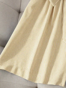 SHEIN PariChic 女款春夏法式優雅極簡領口短袖精緻刺繡腰帶收腰短款休閒藍色條紋連身褲 - 黃色 - 查看 8
