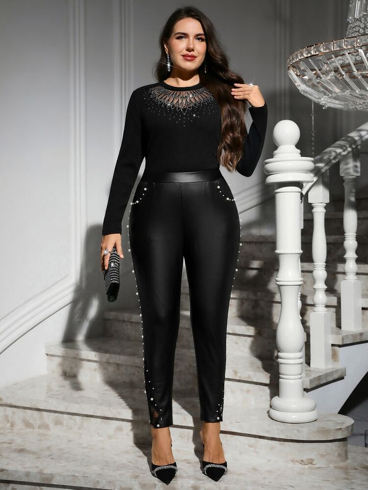 Reflora Plus Size Women's Elegant Black Long Sleeve T-Shirt, Autumn/Winter, Stretch Comfortable, Contrast Collar Floral Detail Cocktail Evening Date Night - Black - View 4