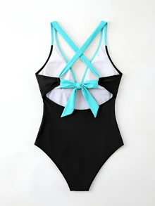 SHEIN Swim 女款對比色交叉綁帶式一件式夏季海灘泳衣 - 彩色 - 查看 3