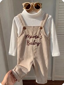 SHEIN 男嬰可愛百搭休閒字母圖案燈芯絨冬季連身衣 秋季童裝 - 卡其色 - 查看 6