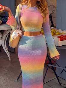 Breezaya Colorful Gradient Cropped Sweater & Knitted Skirt Casual Vacation Set - Multicolor - View 3