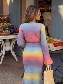Breezaya Colorful Gradient Cropped Sweater & Knitted Skirt Casual Vacation Set - Multicolor - View 2
