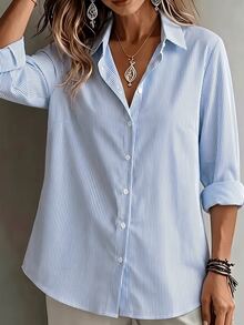 Linhara Plus Size Women's Striped Casual Daily Wear Shirt - Blue - View 4