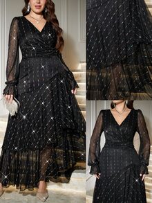Reflora Plus Size Women's Rhinestone V-Neck Long Sleeve Ruffle Hem Elegant Dress Christmas - Black - View 1
