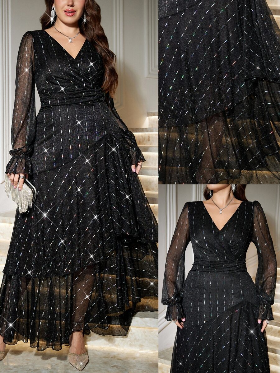 Reflora Plus Size Women's Rhinestone V-Neck Long Sleeve Ruffle Hem Elegant Dress Christmas - Black - View 1