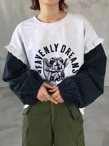 FRIFUL Women's Letter Angel Print 2 In 1 Long Sleeve Casual T-Shirt Fall - Grey - View 4