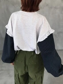 FRIFUL Women's Letter Angel Print 2 In 1 Long Sleeve Casual T-Shirt Fall - Grey - View 2