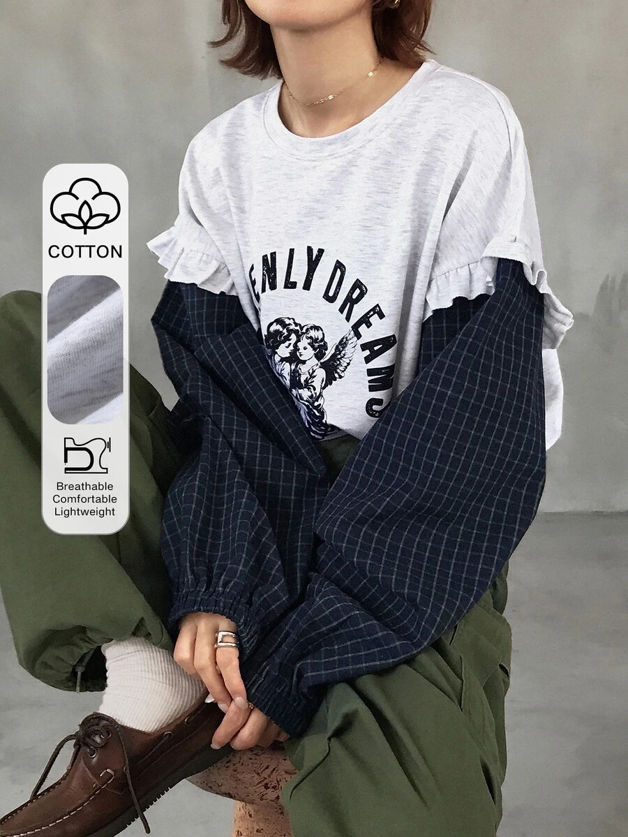 FRIFUL Women's Letter Angel Print 2 In 1 Long Sleeve Casual T-Shirt Fall - Grey - View 1