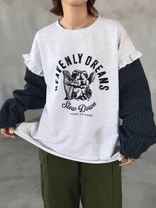 FRIFUL Women's Letter Angel Print 2 In 1 Long Sleeve Casual T-Shirt Fall - Grey - View 3