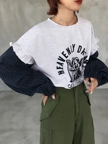 FRIFUL Women's Letter Angel Print 2 In 1 Long Sleeve Casual T-Shirt Fall - Grey - View 5
