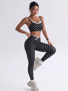 Sirith Polka Dot Colorblock Trim Camisole Fitness Set, High Waist Butt Lifting Yoga Pants 2 Pieces Set - Multicolor - View 5