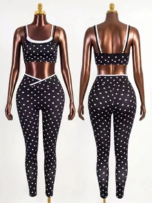 Sirith Polka Dot Colorblock Trim Camisole Fitness Set, High Waist Butt Lifting Yoga Pants 2 Pieces Set - Multicolor - View 2