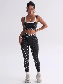 Sirith Polka Dot Colorblock Trim Camisole Fitness Set, High Waist Butt Lifting Yoga Pants 2 Pieces Set - Multicolor - View 4