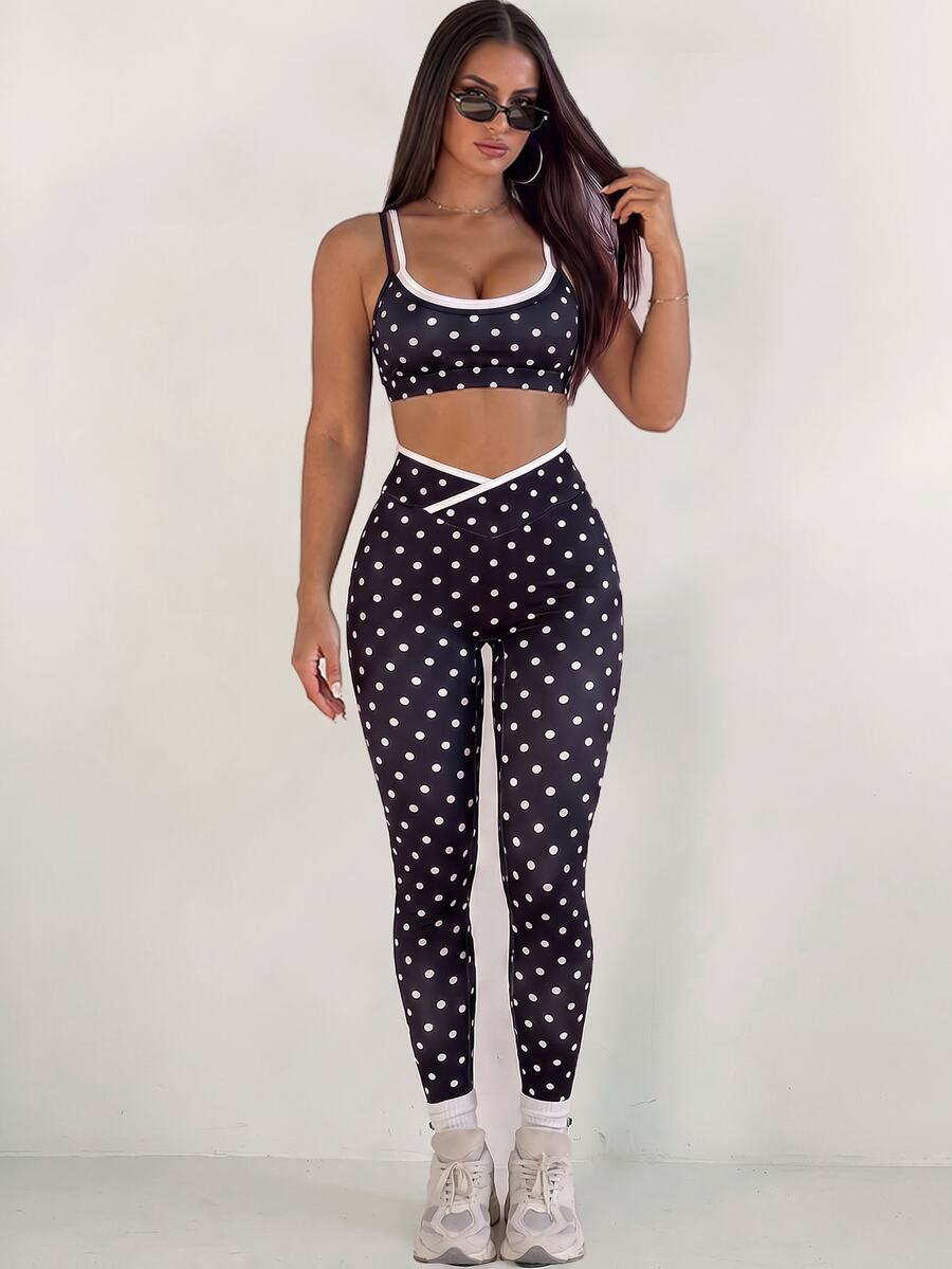 Sirith Polka Dot Colorblock Trim Camisole Fitness Set, High Waist Butt Lifting Yoga Pants 2 Pieces Set - Multicolor - View 1