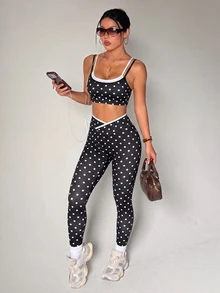 Sirith Polka Dot Colorblock Trim Camisole Fitness Set, High Waist Butt Lifting Yoga Pants 2 Pieces Set - Multicolor - View 3